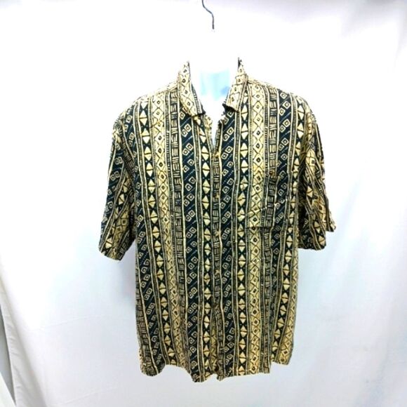 Vintage 90s TRIBES FROM LAND OF THE BRAVE Black Tan Geometric Men's L Shirt..... - Picture 1 of 9